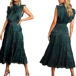 Lulu’s Emerald  Green Women's pinafore ruffle top tiered skirt midi  Dress
